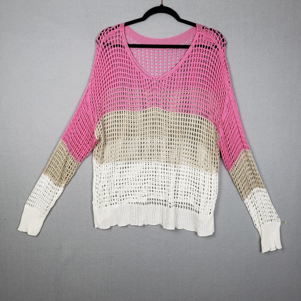 Open Knit Pullover Sweater Pink Beige Colorblock Granola Girl Grannycore Size L